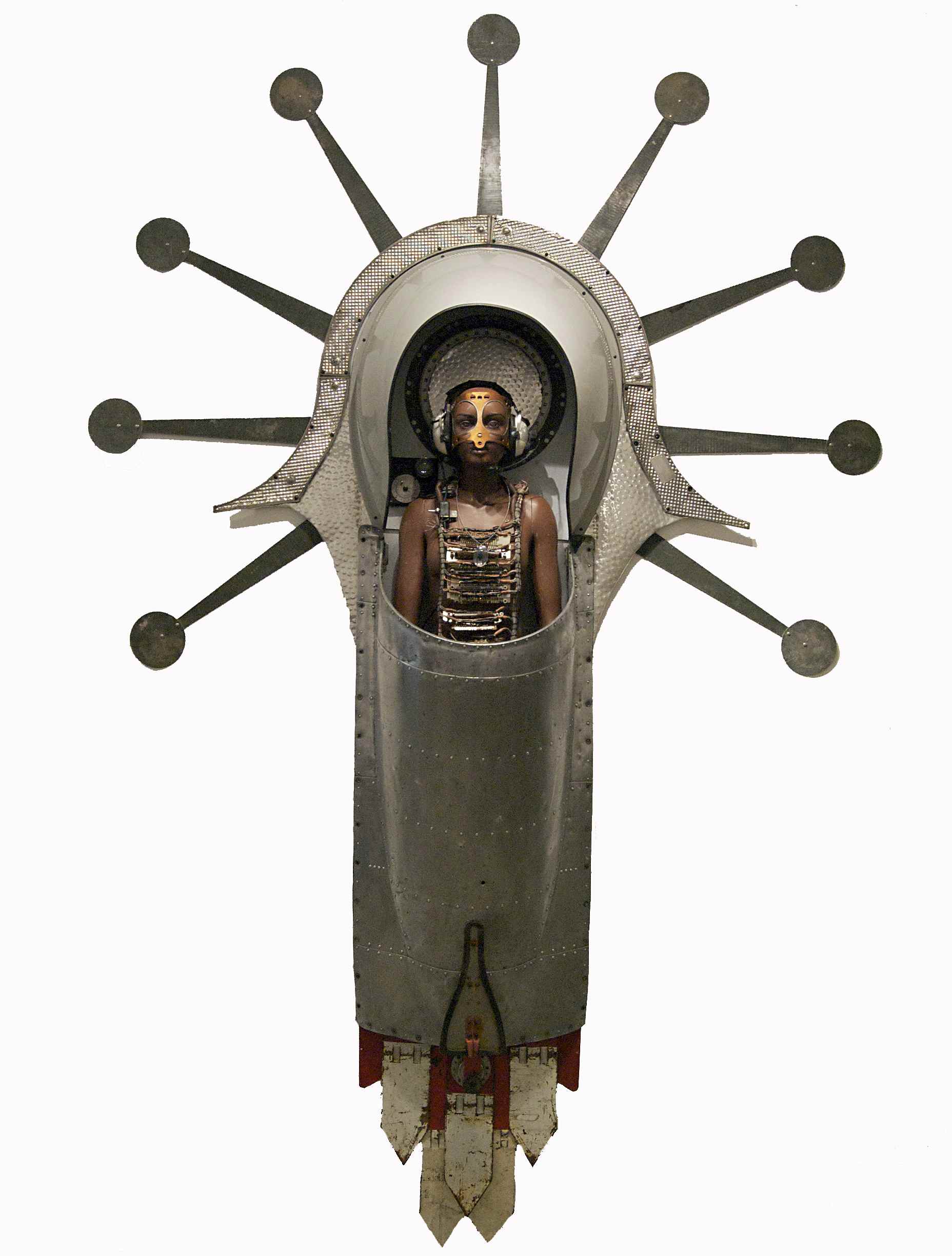 Zak Ové, 'Nubian Return', 2009, Mixed media including seventies rootsein mannequin, aircraft fuselage, telephone box shelter, metal signage, etc., 250 x 150 x 40 cm, Courtesy of Vigo Gallery