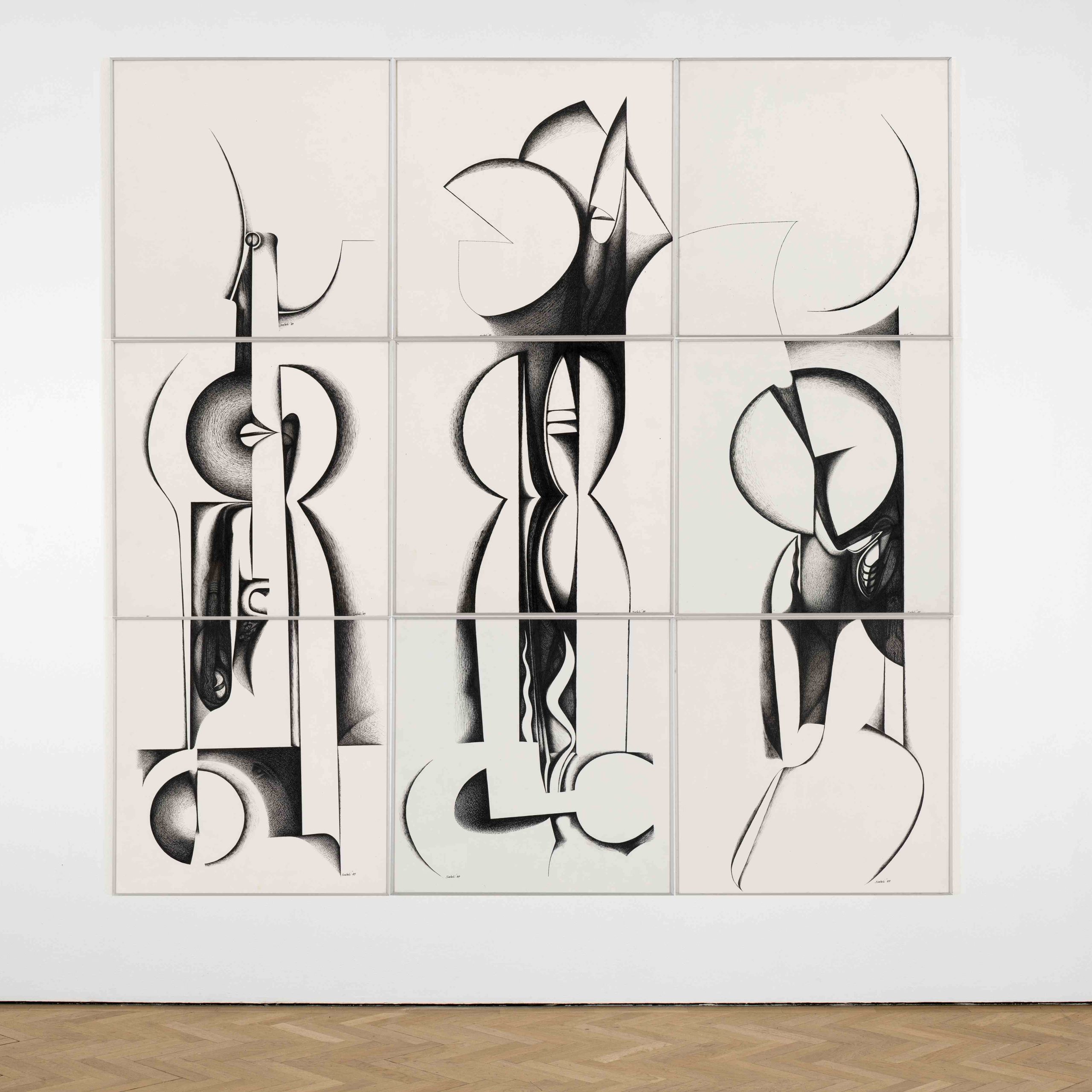 Ibrahim El Salahi, Calligraphic Forms III, 1989, Ink on paper, 135 x 135 cm, Courtesy of Modern Forms - One of El-Salahi’s most important abstract works on paper, Calligraphic Forms III channels elements of Cubism and Surrealism alongside Muslim iconography, especially the compositional forms suggested by Arabic calligraphy.